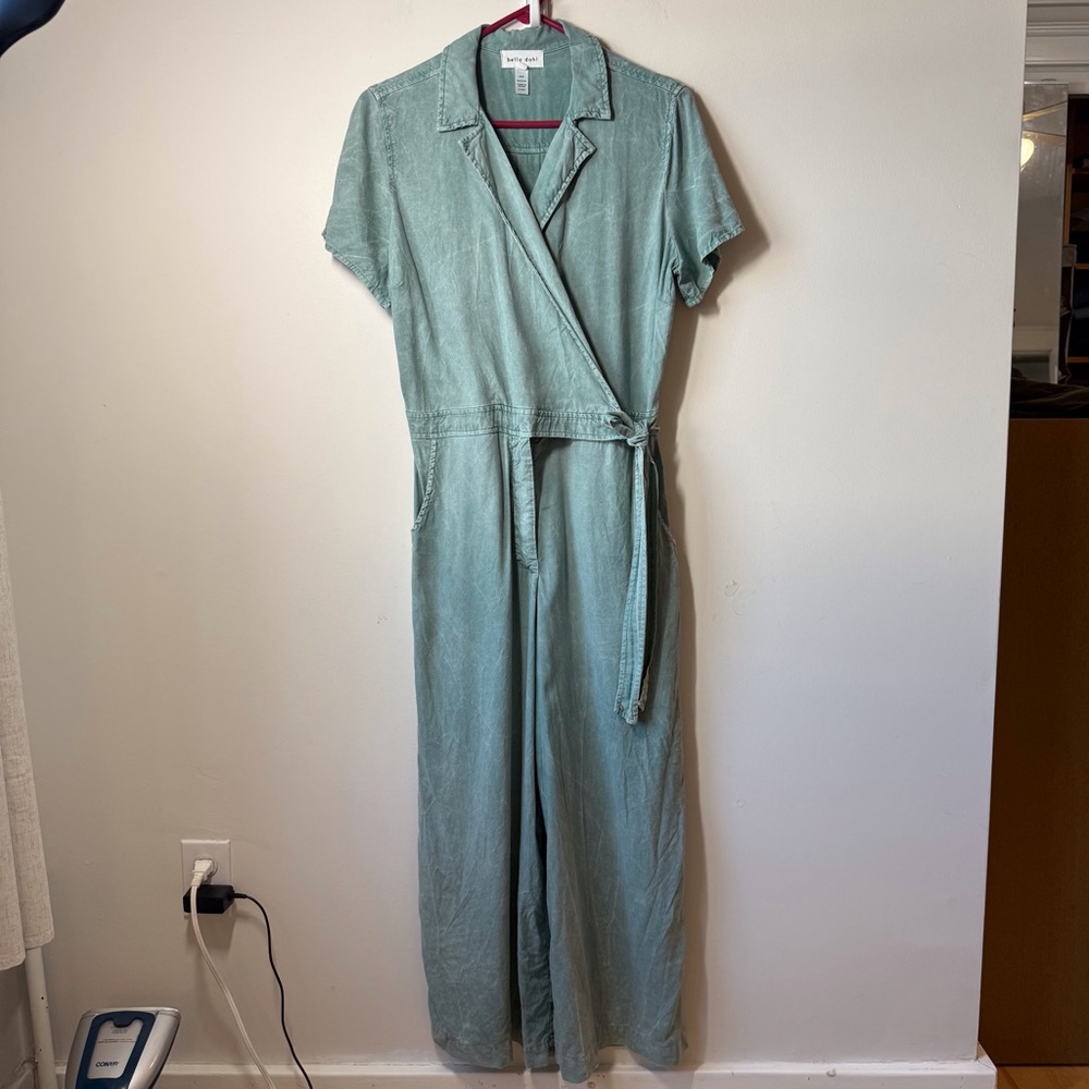 Bella Dahl wrap front Jumpsuit. Sunwashed green tie waist wide leg pockets M